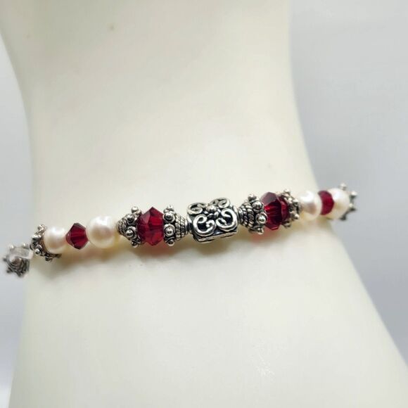 Y2K Vintage 925 Women's Bracelet 6.25"Minimalist Classic Genuine Pearl Ruby Bead - Picture 7 of 8